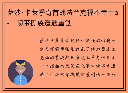 萨沙·卡莱季奇首战法兰克福不幸十字韧带撕裂遭遇重创