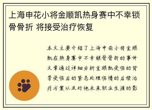 上海申花小将金顺凯热身赛中不幸锁骨骨折 将接受治疗恢复 上海申花小将金顺凯热身赛中不幸锁骨骨折 将接受治疗恢复